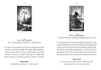 Two black and white illustrations of tarot cards with descriptive text on a white background.