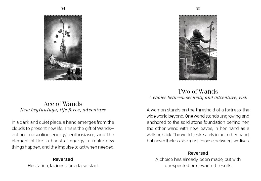 Two black and white illustrations of tarot cards with descriptive text on a white background.