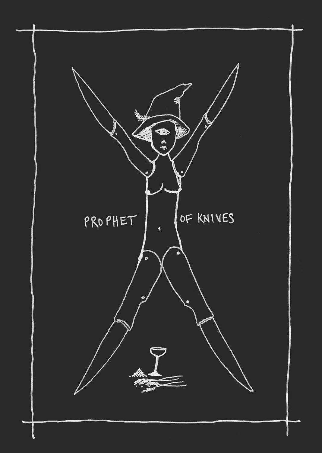 Black and white illustration of a figure labeled 'Prophet of Knives' on a black background