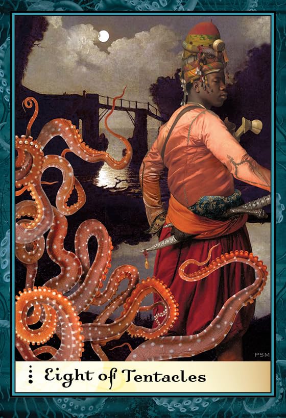 Card titled 'Eight of Tentacles' featuring a person with tentacles and a bridge in the background.