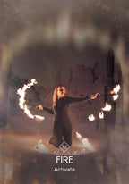 Person performing with fire in a desert setting with 'FIRE Activate' text overlay.