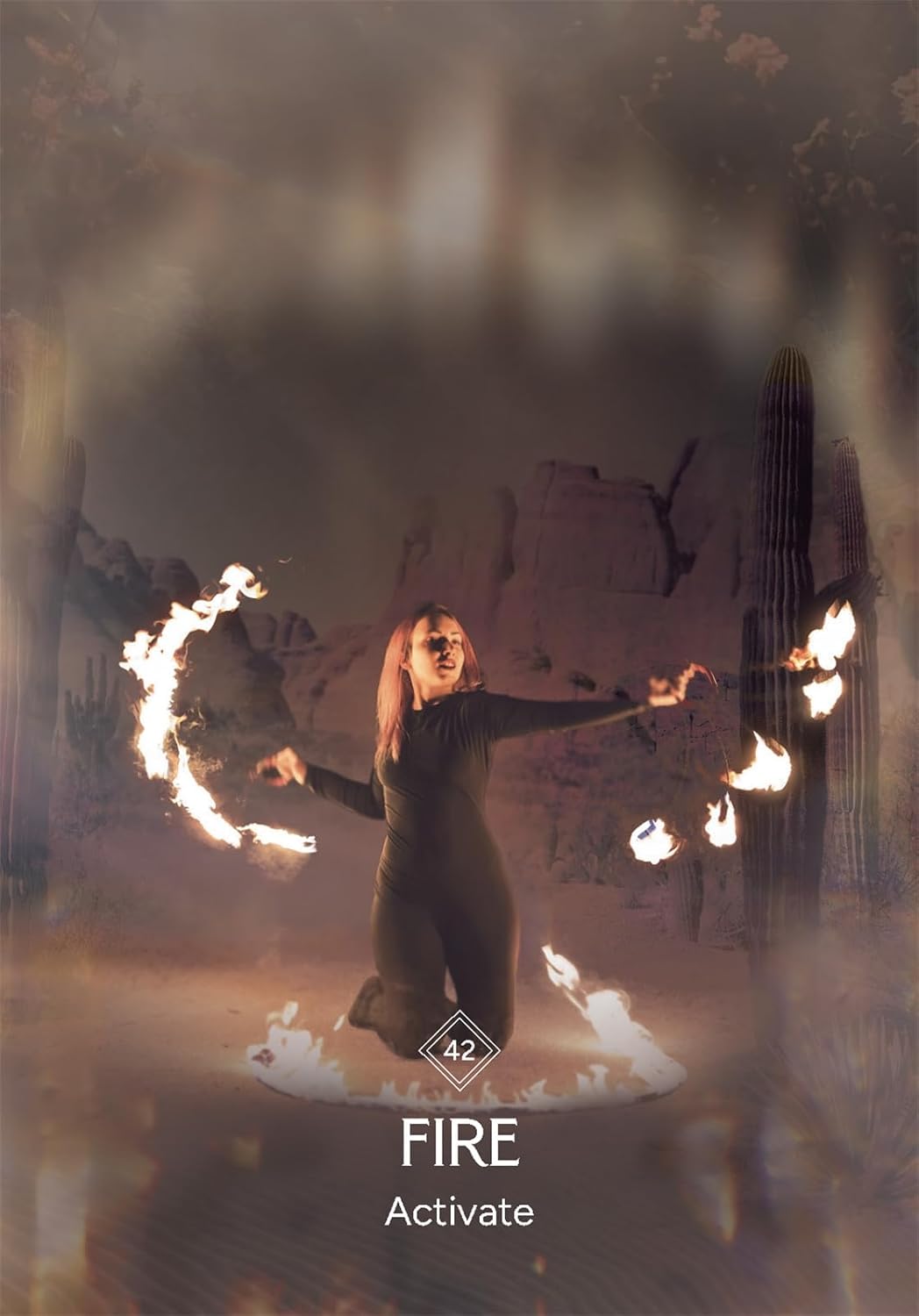 Person performing with fire in a desert setting with 'FIRE Activate' text overlay.