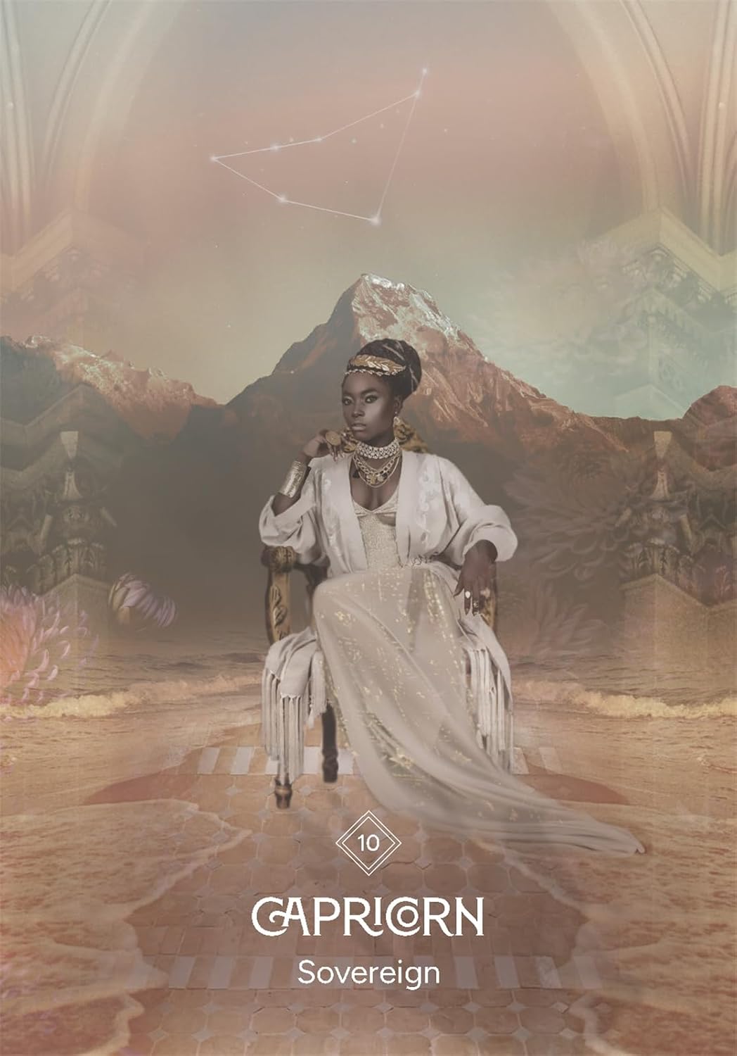 Woman in a white dress sitting on a throne with mountains and a starry sky in the background, labeled 'Capricorn Sovereign'.