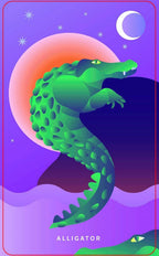 Green alligator on a purple background with a colorful moon and stars