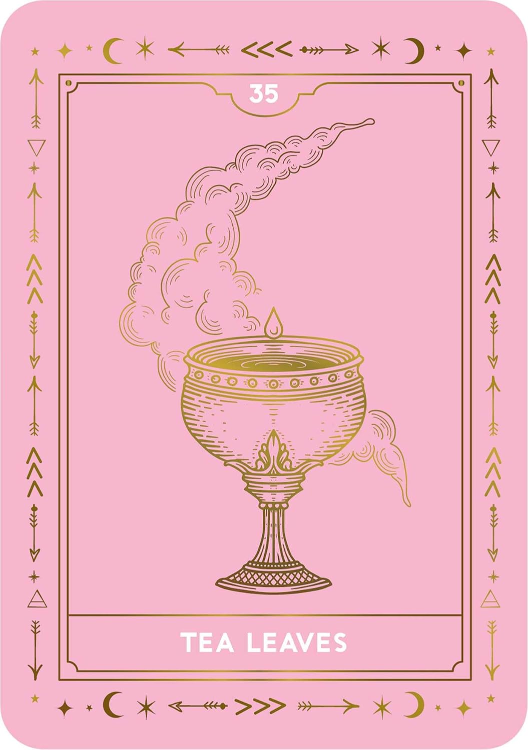 A pink tarot card titled 'TEA LEAVES' with gold line art of a teacup and smoke, bordered by decorative symbols and the number 35 at the top.