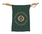 Green drawstring bag with decorative text and emblem on a white background