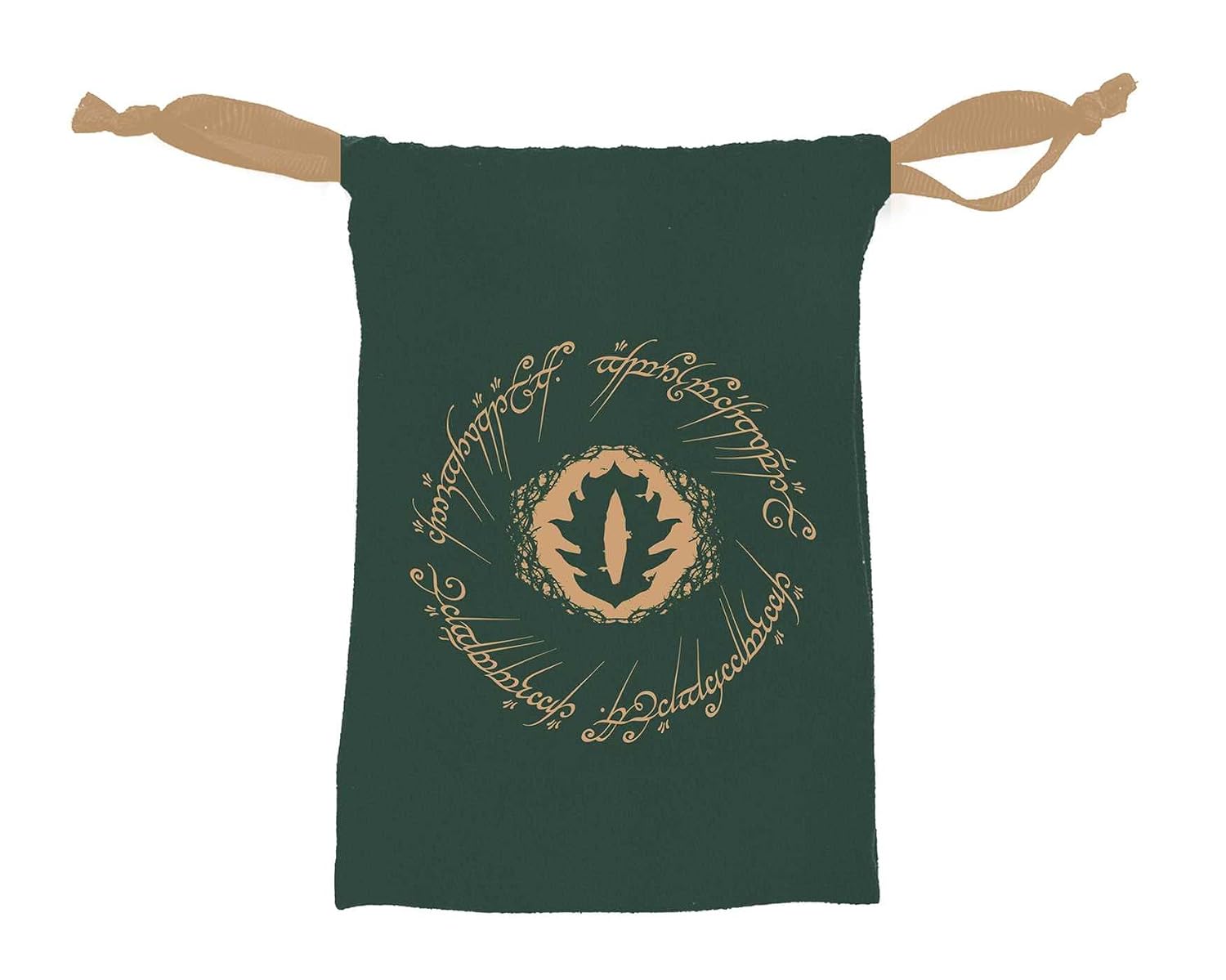 Green drawstring bag with decorative text and emblem on a white background