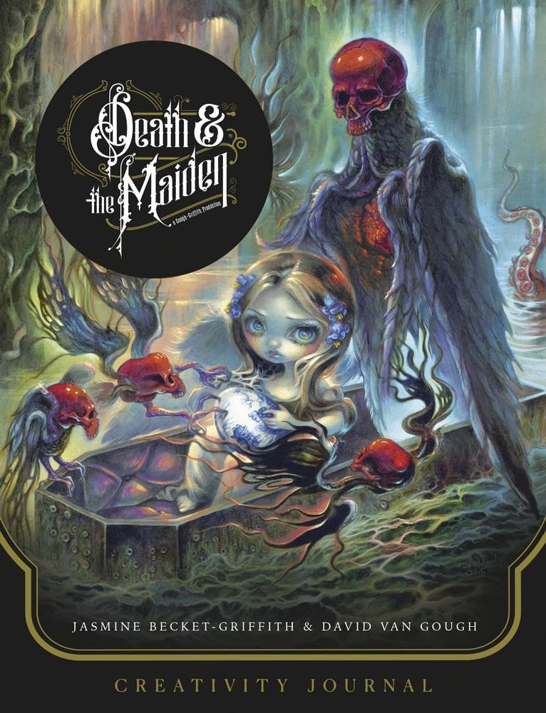 Front cover of the Death & the Maiden Creativity Journal, featuring dark fantasy artwork with a pale girl, a tall skeletal figure, red skulls, and a black circular logo at the top left.