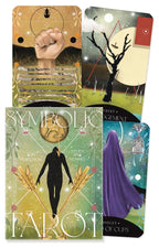 Four tarot card packs with artistic designs and text on a white background