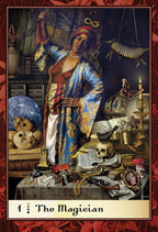 Tarot card featuring 'The Magician' with a person in a blue robe surrounded by mystical objects.
