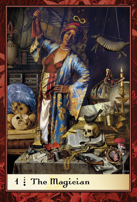 Tarot card featuring 'The Magician' with a person in a blue robe surrounded by mystical objects.