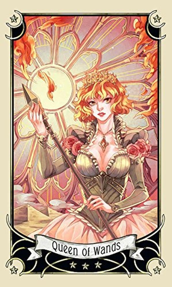Tarot card featuring the 'Queen of Wands' with a stylized design and prominent colors.