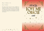 The front and back of a 'Tell Me You Love Me Oracle Cards' deck, featuring a cream-colored back with printed instructions and a red-to-pink gradient front decorated with gold stars and ornate borders.