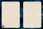 Two blank parchment-style sheets with decorative celestial markings, shown side by side on a dark textured background.