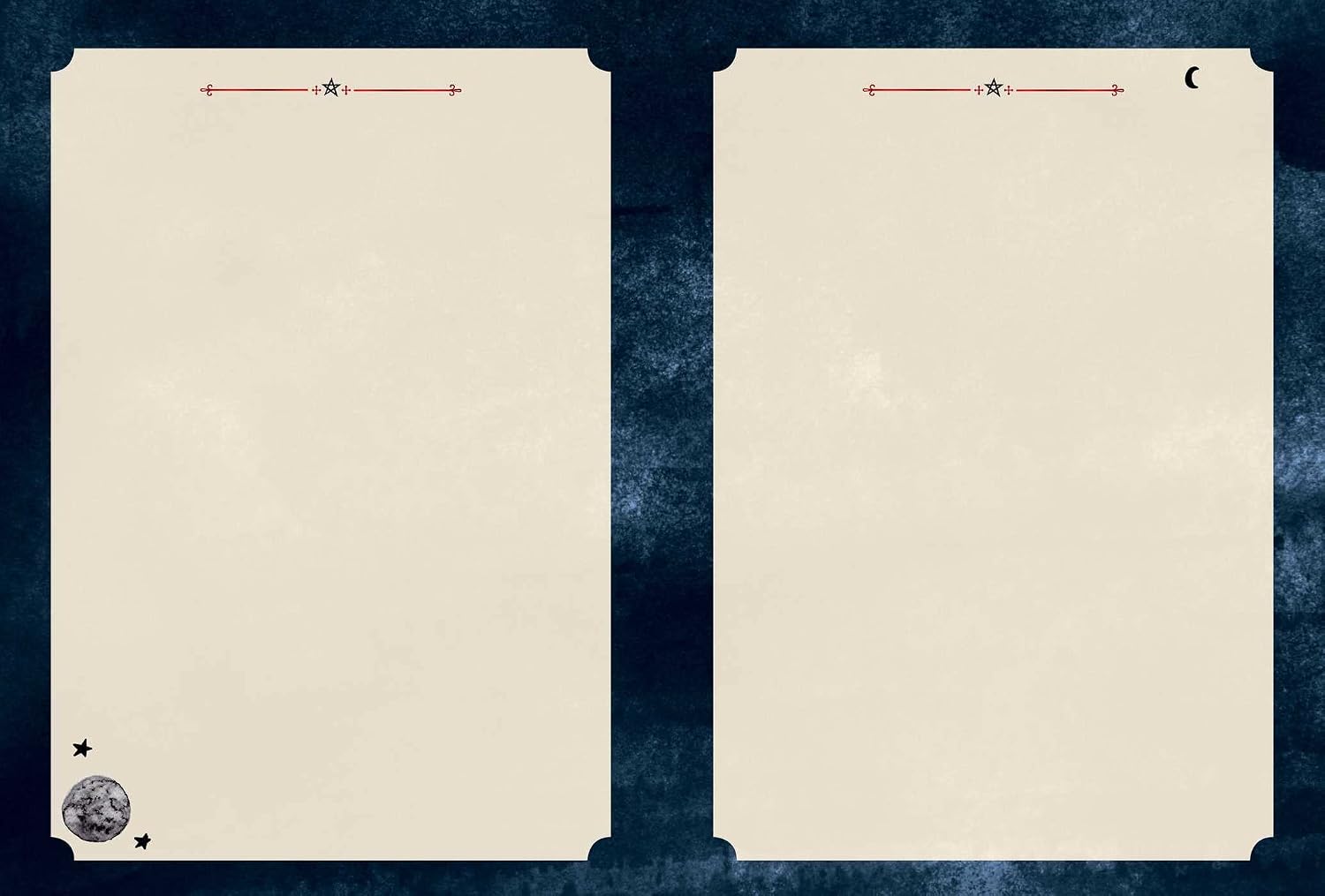 Two blank parchment-style sheets with decorative celestial markings, shown side by side on a dark textured background.