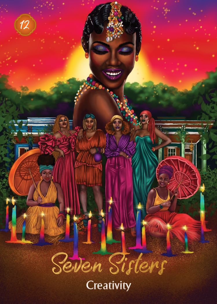 Illustration of a woman with seven smaller figures, titled 'Seven Sisters Creativity', against a colorful background.