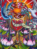 Colorful artwork of a tarot card titled 'Ace of Cups' with abstract design and lotus flowers.