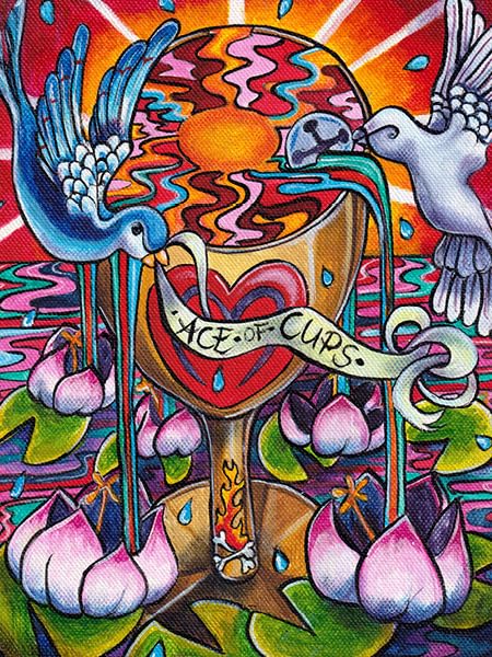 Colorful artwork of a tarot card titled 'Ace of Cups' with abstract design and lotus flowers.