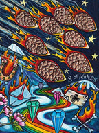 Colorful tarot card illustration featuring flames, crystals, and wands with '8 of Wands' text.
