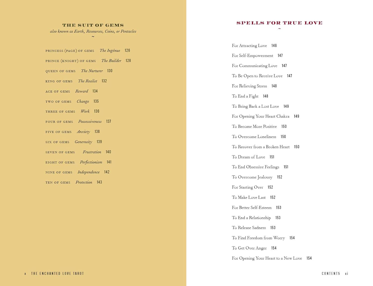 Two pages from a book or document titled 'The Suit of Gems' and 'Spells for True Love' with text on a beige and white background.