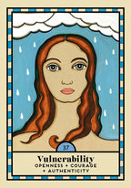 A tarot-style card illustration titled 'Vulnerability' with the subtitle 'Openness + Courage + Authenticity.' The central figure has long reddish-brown hair and a neutral face, shown under a blue rainy sky with white clouds and raindrops.