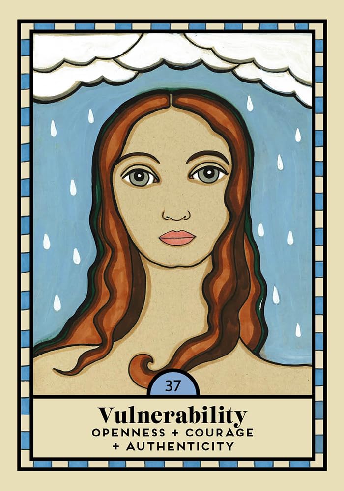 A tarot-style card illustration titled 'Vulnerability' with the subtitle 'Openness + Courage + Authenticity.' The central figure has long reddish-brown hair and a neutral face, shown under a blue rainy sky with white clouds and raindrops.