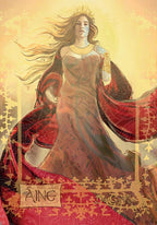 Artistic depiction of a woman in a red dress with flowing hair, holding a sword, on a warm-toned background.