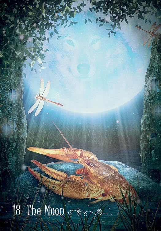 Lobster in a mystical underwater scene with moonlight and dragonflies.