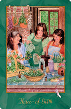 Illustration of three women in a kitchen with herbs and cooking utensils, titled 'Three of Earth'.