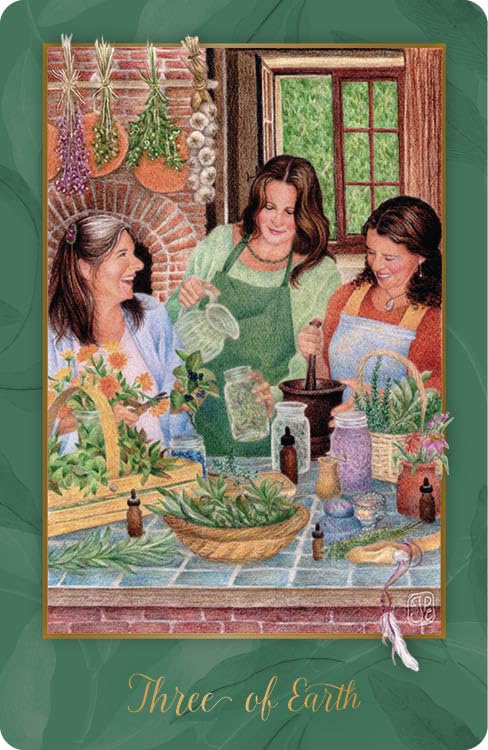 Illustration of three women in a kitchen with herbs and cooking utensils, titled 'Three of Earth'.