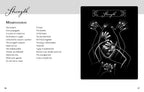 Magical book page with 'Strength' theme, hands holding a glowing object, and text on a black background.