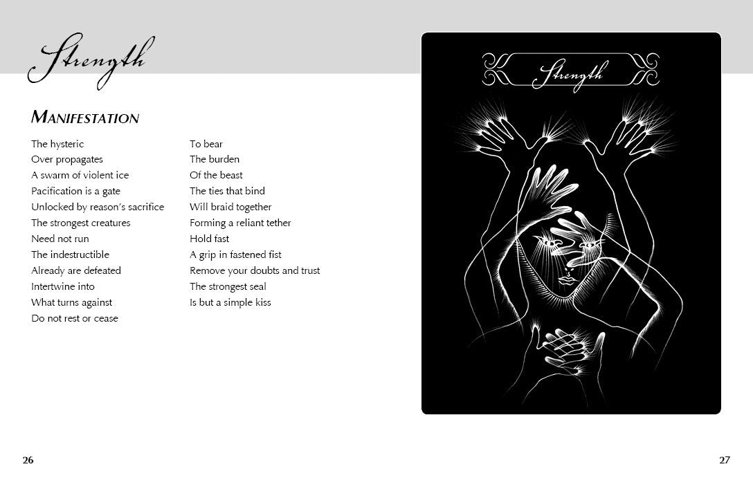 Magical book page with 'Strength' theme, hands holding a glowing object, and text on a black background.