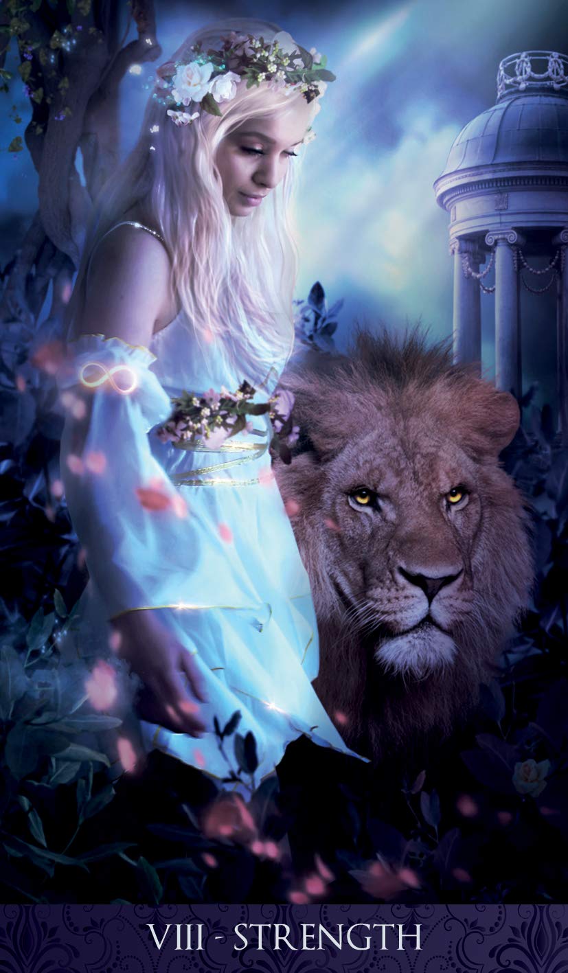 Woman in a blue dress with a lion, surrounded by mystical elements, with 'VIII - Strength' text at the bottom.