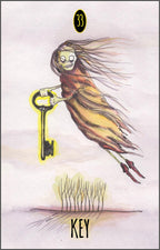 Tarot card with a ghost holding a key and the number 33, on a white background.
