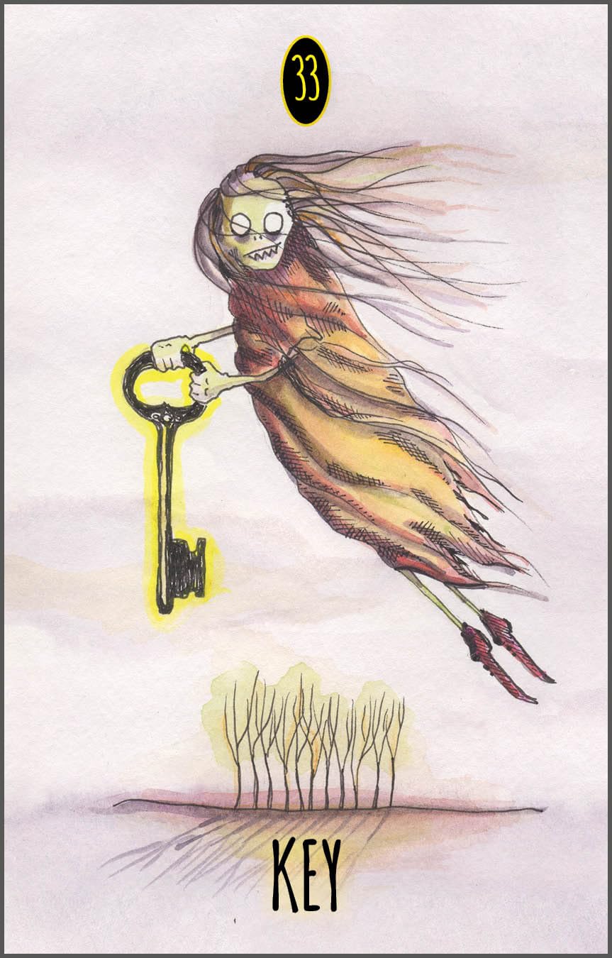 Tarot card with a ghost holding a key and the number 33, on a white background.