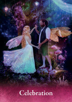 Fantasy scene with a fairy and a dragon in a magical forest, labeled 'Celebration'.