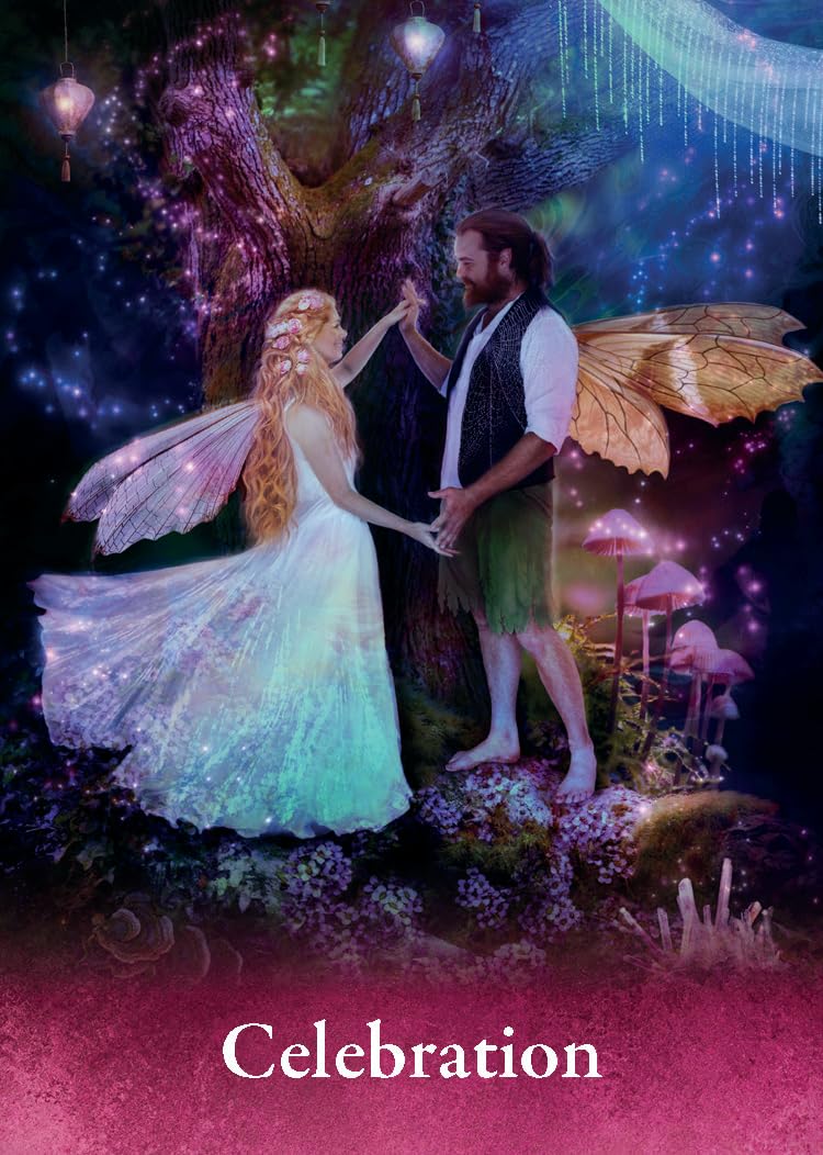 Fantasy scene with a fairy and a dragon in a magical forest, labeled 'Celebration'.