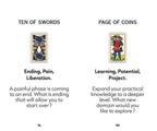 A printed page showing two tarot card spreadsheets side by side: 'TEN OF SWORDS' on the left and 'PAGE OF COINS' on the right, each with an illustrated card and descriptive text on a white background.