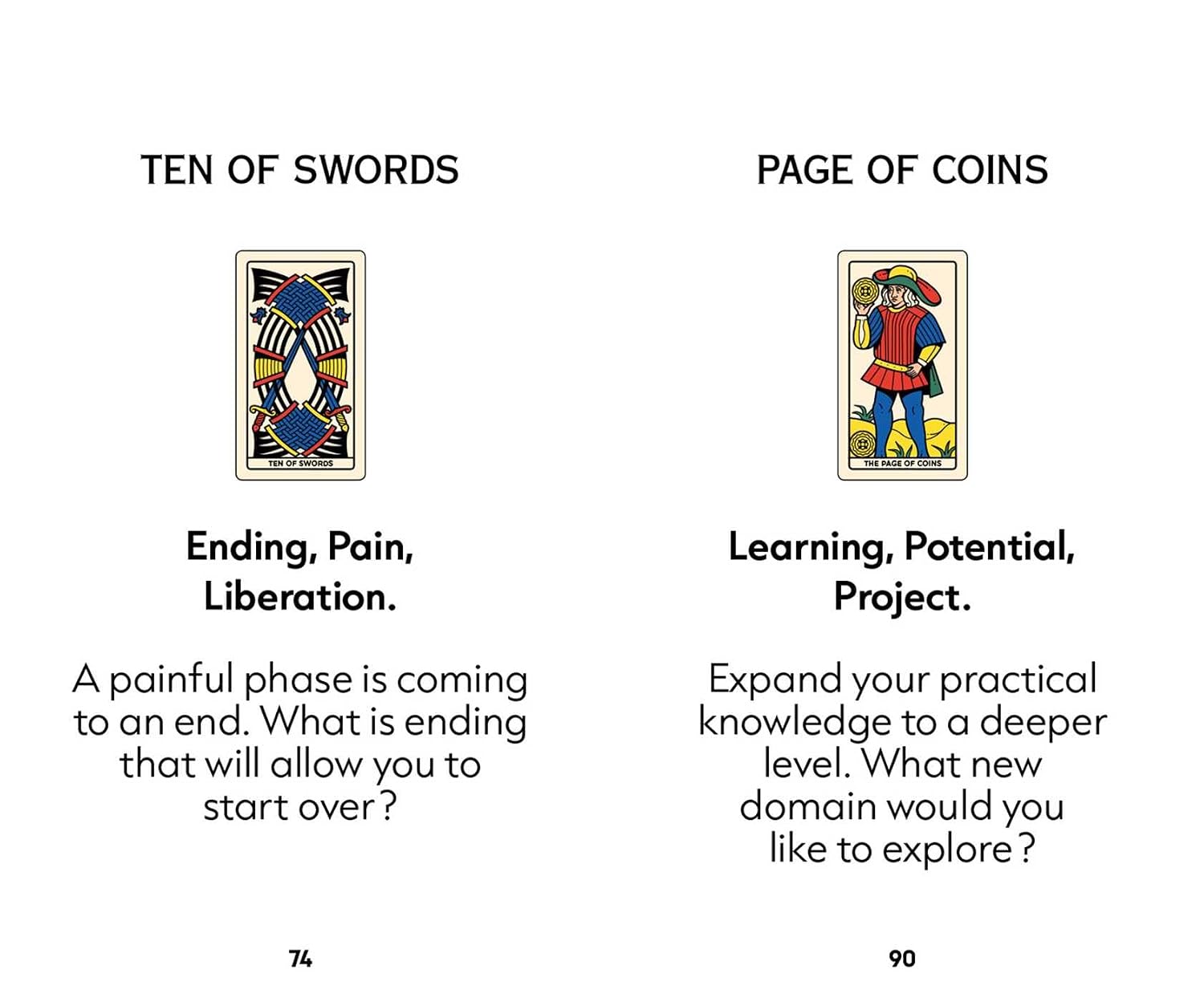 A printed page showing two tarot card spreadsheets side by side: 'TEN OF SWORDS' on the left and 'PAGE OF COINS' on the right, each with an illustrated card and descriptive text on a white background.