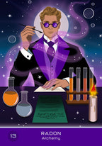 Illustration of a character in a purple suit with scientific equipment and text on a starry background.