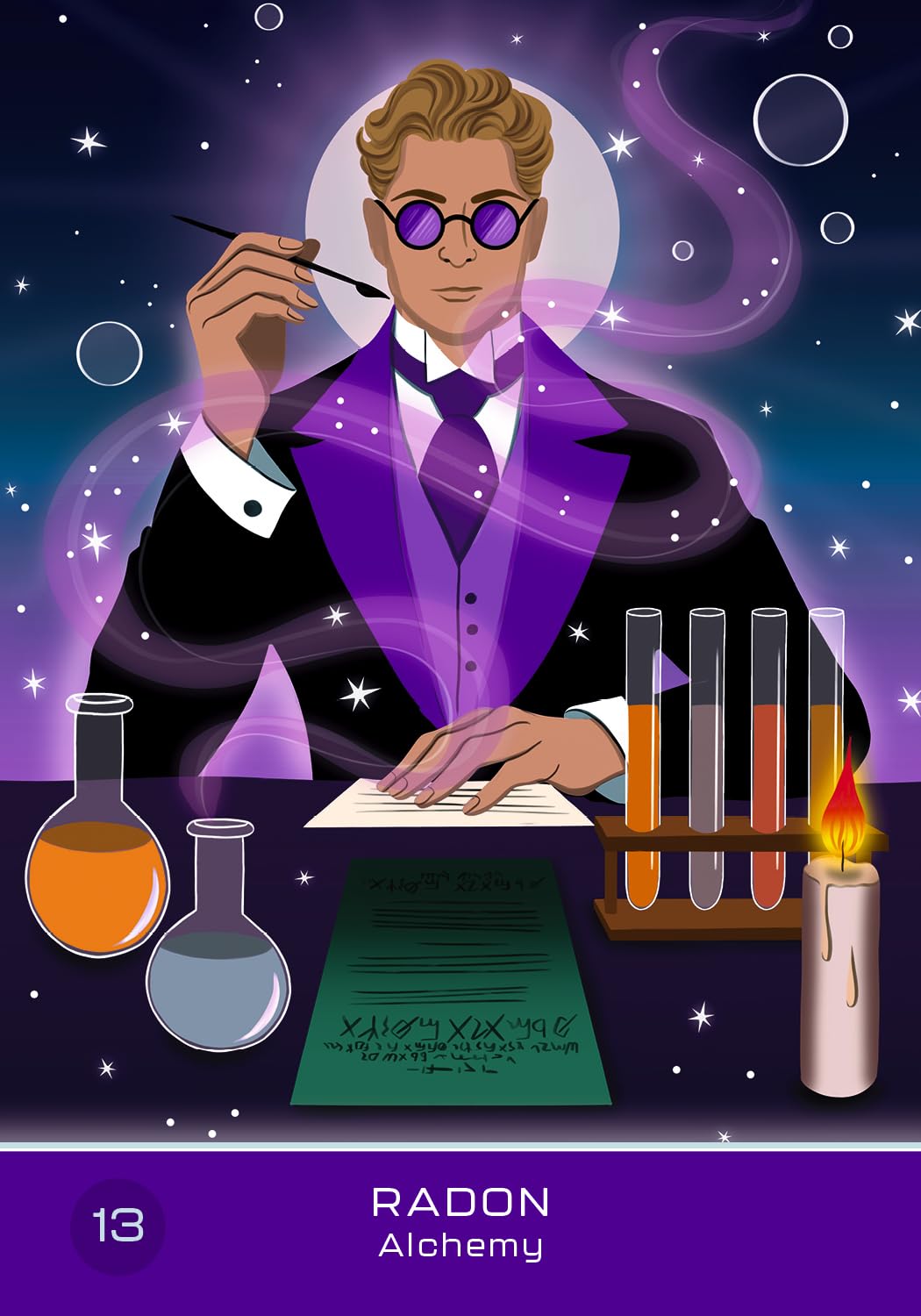 Illustration of a character in a purple suit with scientific equipment and text on a starry background.
