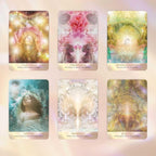 Set of six tarot cards with mystical designs and text on a soft pink background