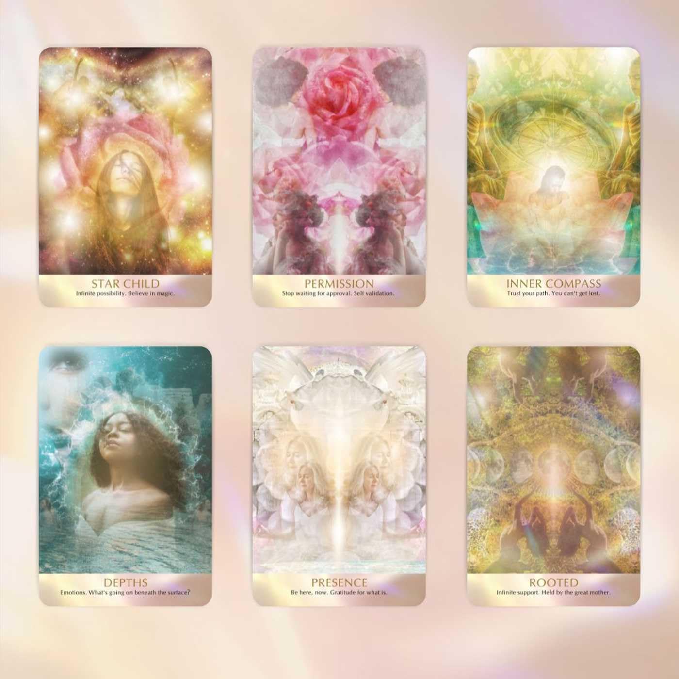 Set of six tarot cards with mystical designs and text on a soft pink background