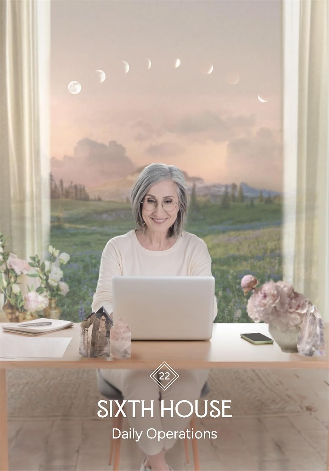 Woman working on a laptop at a desk with a scenic view in the background