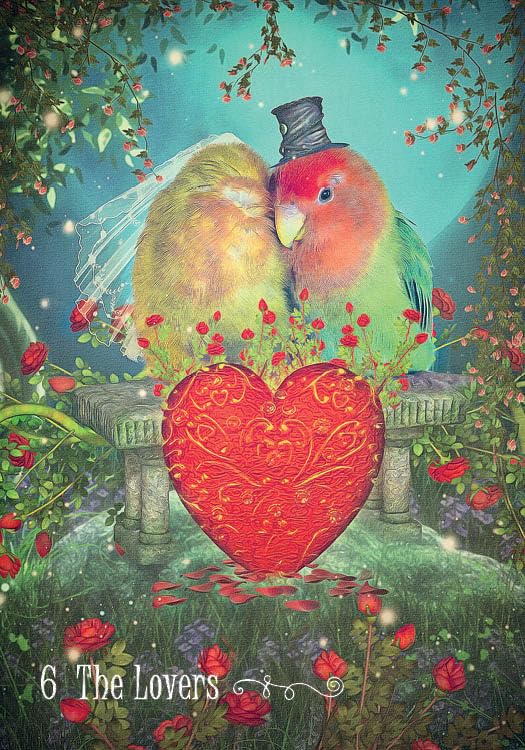 Two birds in wedding attire with a red heart in a garden setting