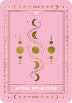 A pink tarot card titled 'Astral Projection' with gold celestial illustrations, including a snake winding through crescent moons and stars, set against a light pink background.