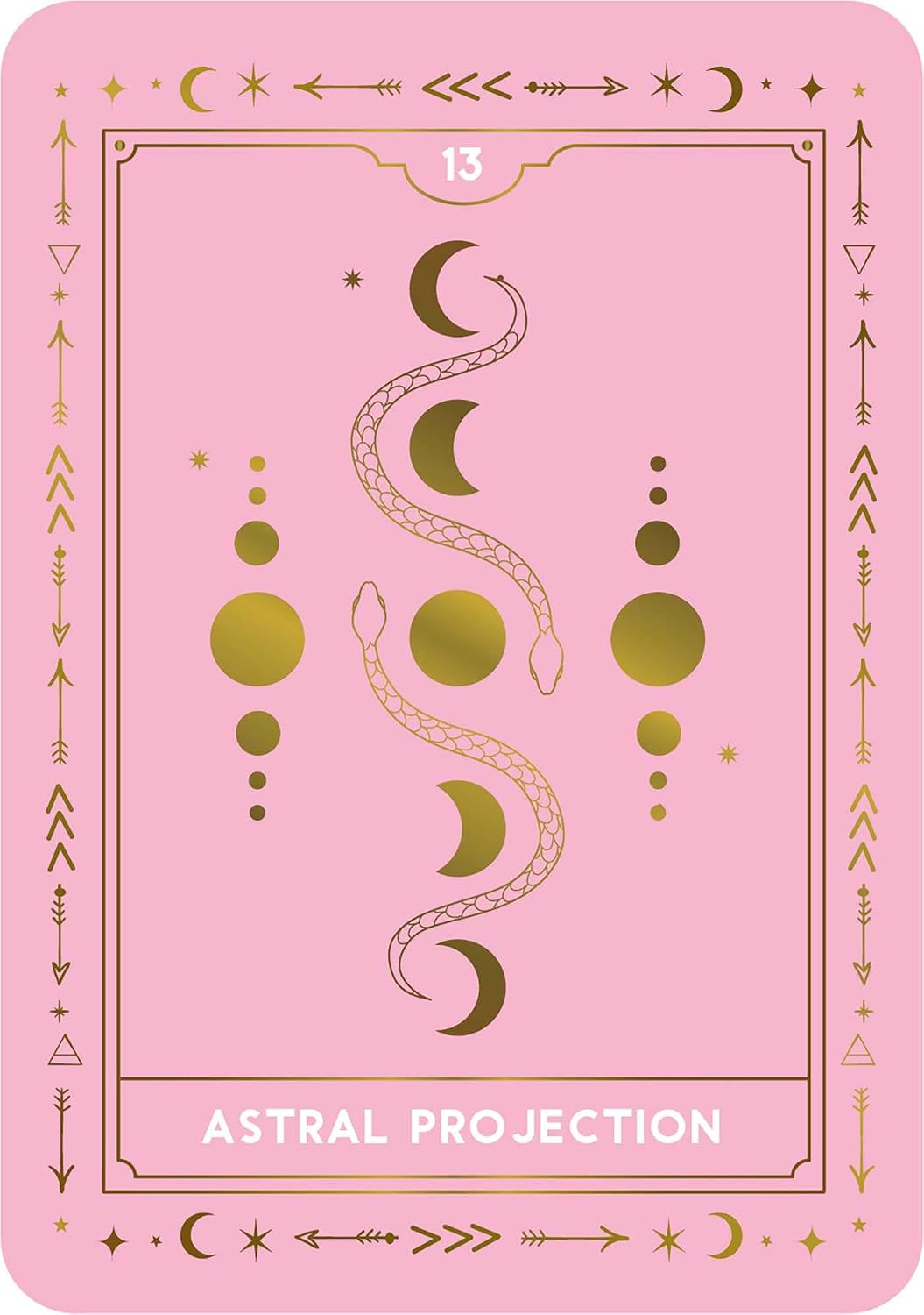 A pink tarot card titled 'Astral Projection' with gold celestial illustrations, including a snake winding through crescent moons and stars, set against a light pink background.