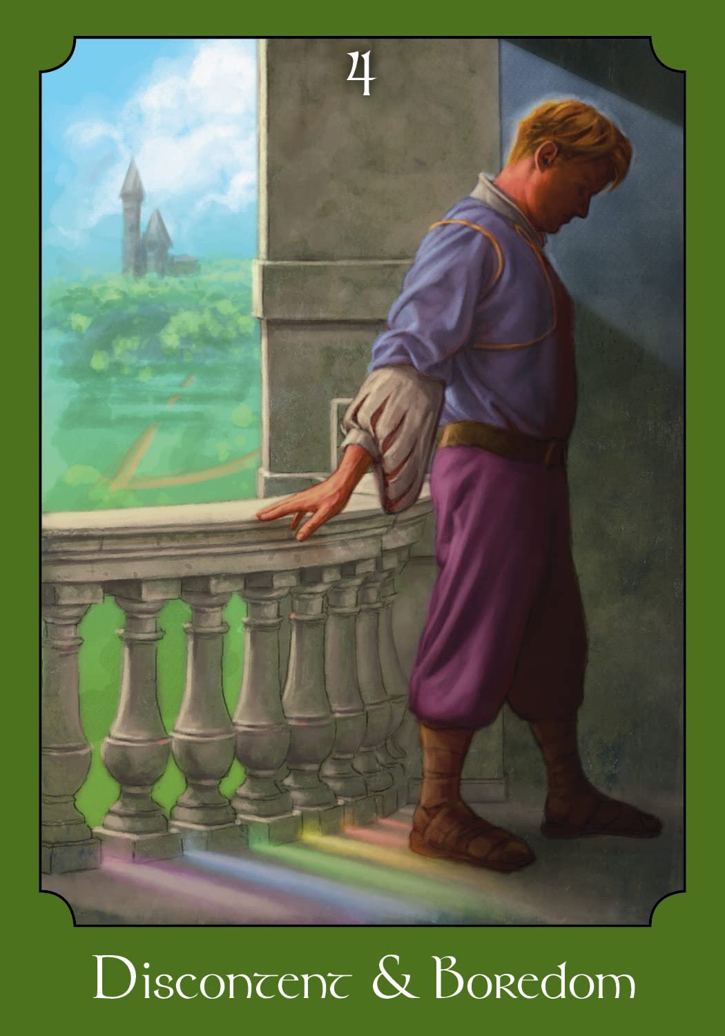 Tarot card with a man on a balcony looking out over a landscape, labeled '4 Discontent & Boredom'.