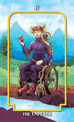 Tarot card featuring a person in a purple outfit with a helmet, sitting on a mechanical device, holding an apple, with mountains and trees in the background.