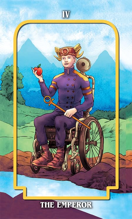 Tarot card featuring a person in a purple outfit with a helmet, sitting on a mechanical device, holding an apple, with mountains and trees in the background.